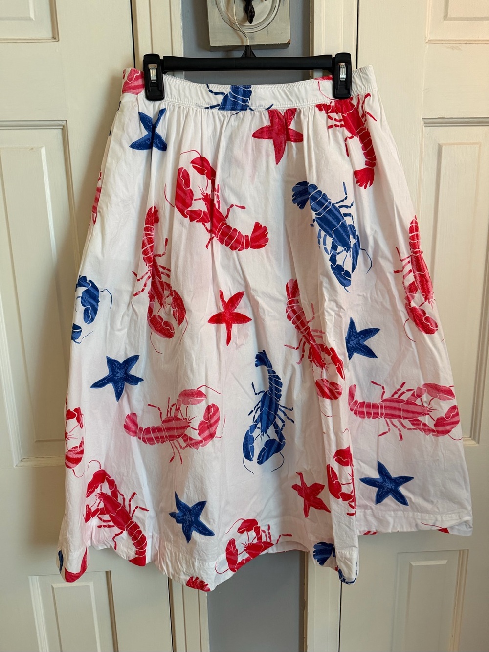 J. Crew White A-Line Skirt with Red & Blue Lobster and Starfish Print